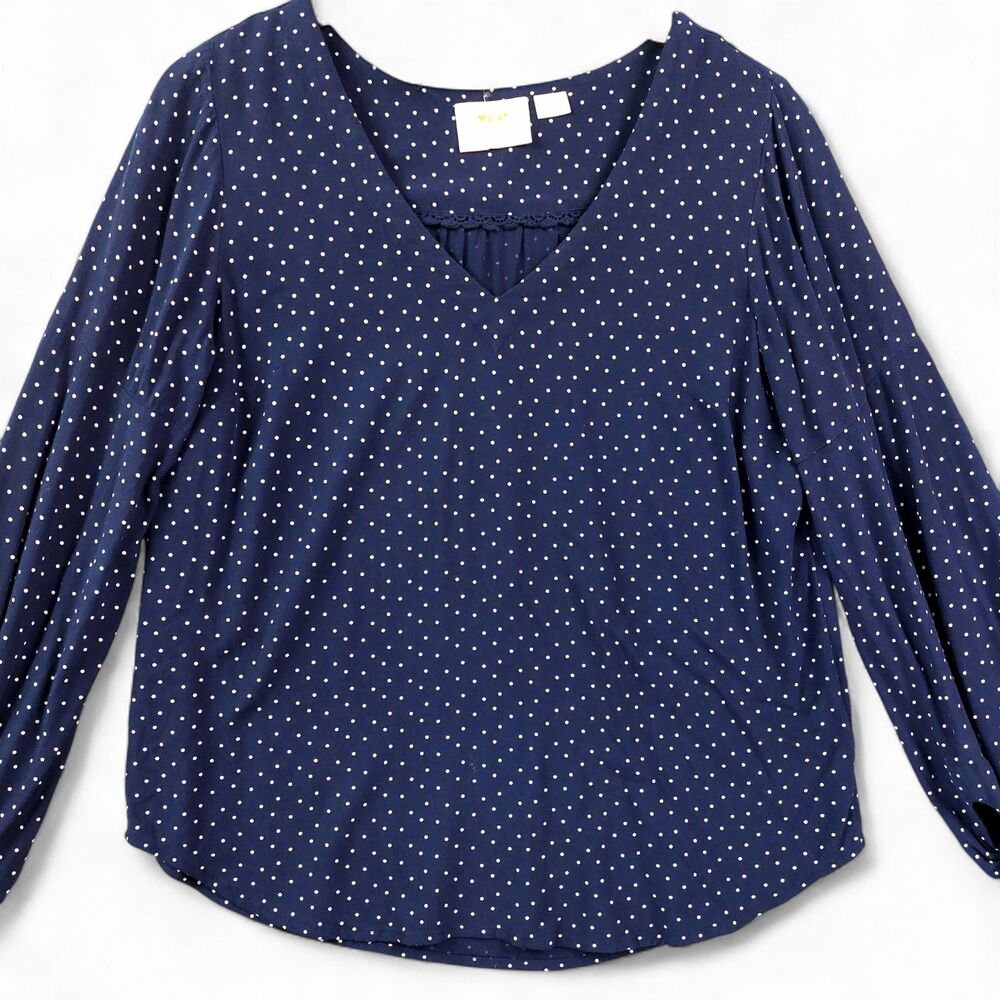 Maeve by Anthropologie Shirt Womens XS Blue Polka Dot Long Sleeve V Neck Blouse